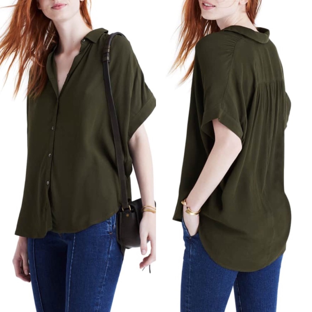Madewell Central Drapey Shirt in Olive Green, XXS